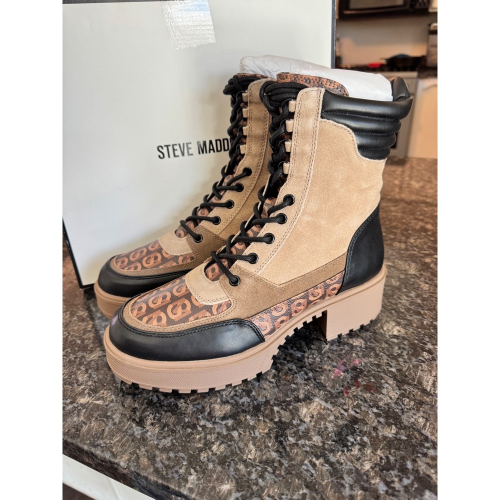 Steve Madden Hiker Tan Multi Monogram Suede‎ Combat Boots HIKE02S1 10